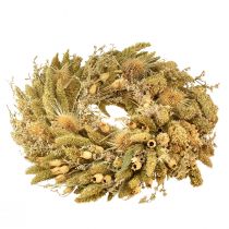Product Decorative dried wreath with teasels and millet in yellow-olive green, natural country style, Ø28cm, versatile wall and table decoration