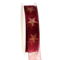 Product Christmas ribbon dark red gold with stars W25mm L18m
