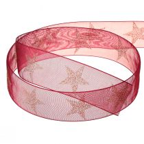 Product Christmas ribbon dark red gold with stars W25mm L18m