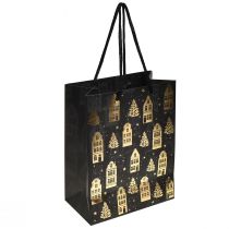 Product Christmas bag black/gold fir houses 18x10x23cm 2pcs