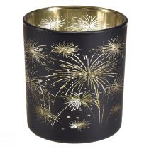 Product Set of 6 glass lanterns, black and gold, firework design, festive decoration, 9cm