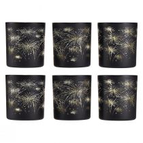 Product Set of 6 glass lanterns, black and gold, firework design, festive decoration, 9cm