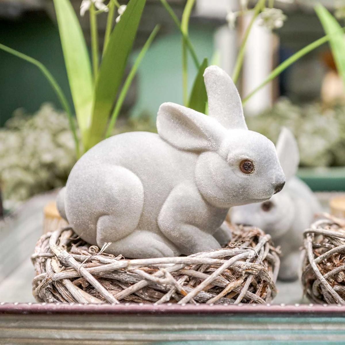 Deco figure rabbit gray, spring decoration, Easter bunny sitting flocked 3pcs