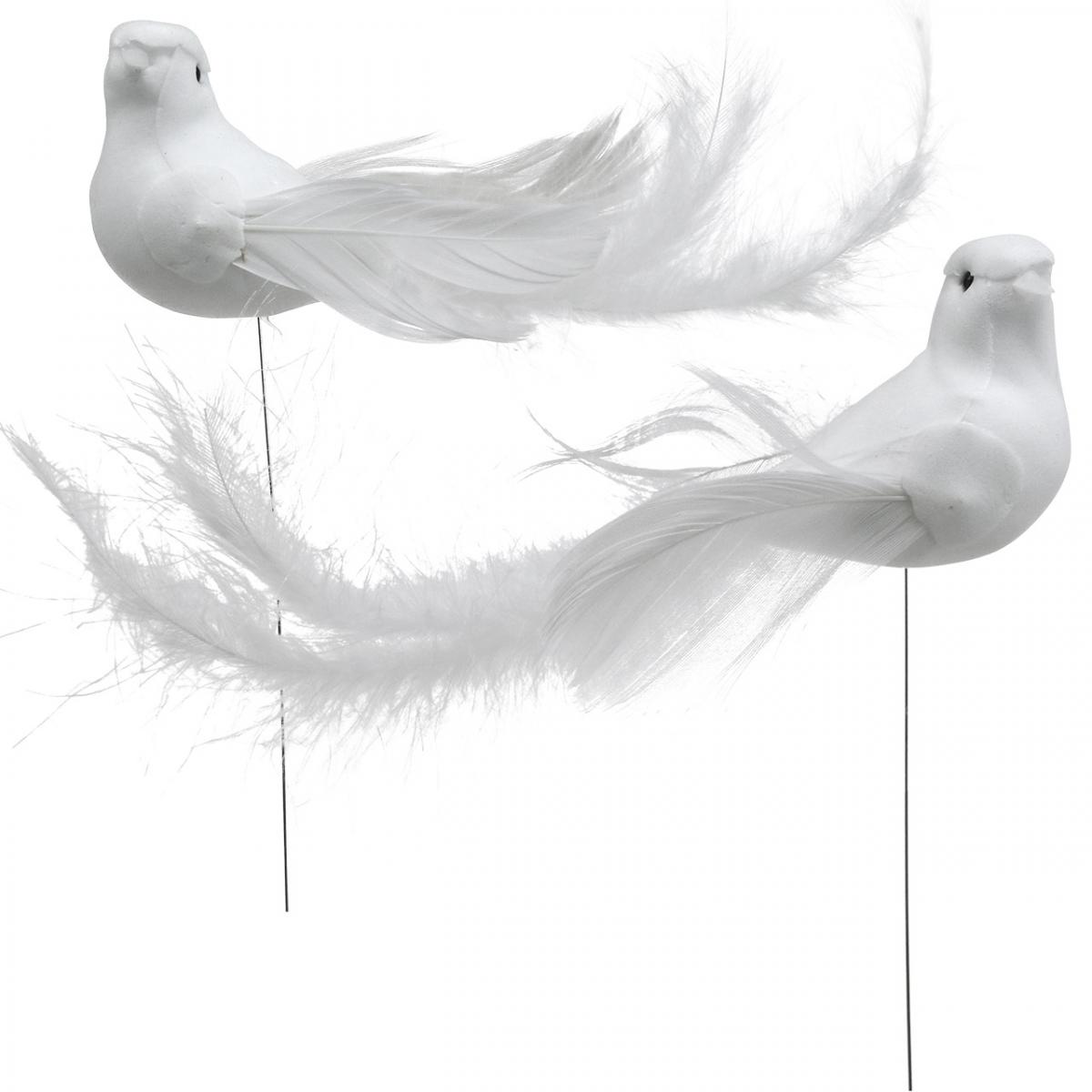 6 White 4.5cm Doves Birds On Wire Wedding Doves Real Feather Tail 