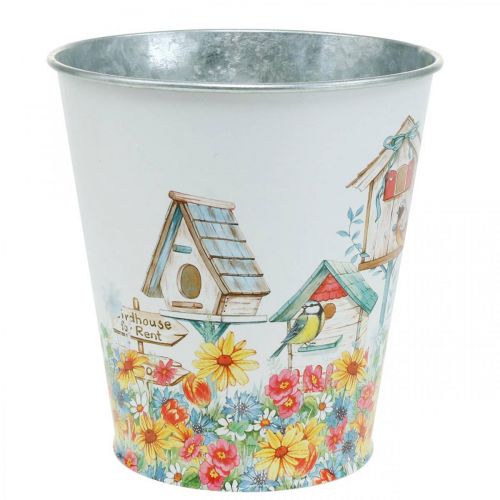 Tin pot with birdhouses, summer decoration, planter H14.5cm Ø13.5cm
