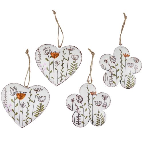 Floristik24 Hanging Decoration Metal Decoration Hearts and Flowers White 10cm 4 Pcs