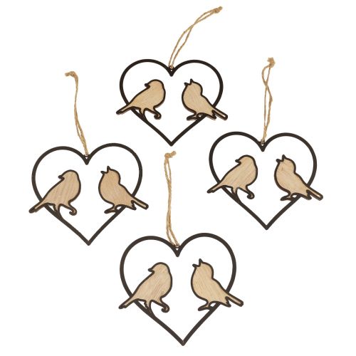 Hanging decoration heart with birds decoration for hanging 12cm 4pcs