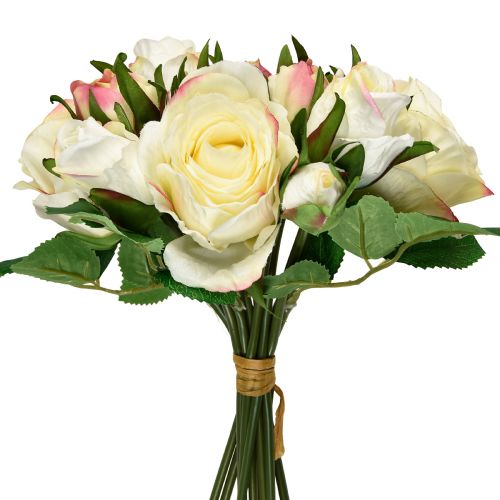 Product Artificial Roses Cream Yellow Pink Artificial Roses Decoration Bouquet 29cm 12pcs
