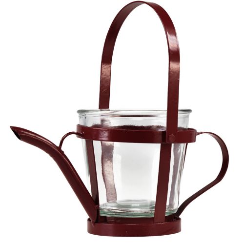 Lantern glass decoration watering can metal red Ø14cm H13cm