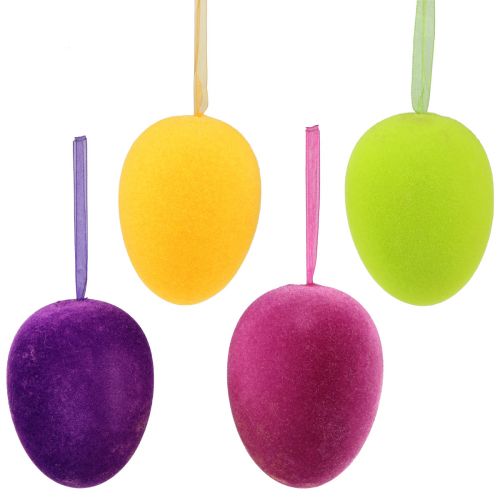Product Decorative Easter eggs for hanging, colorful flocked, H8cm, 8 pieces