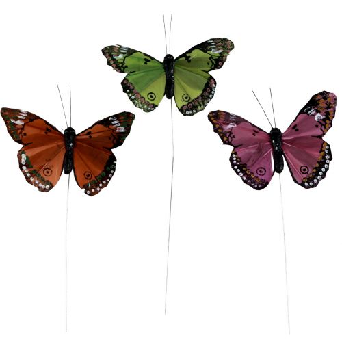 Decorative butterflies on wire feathers green pink orange 6.5×10cm 12pcs