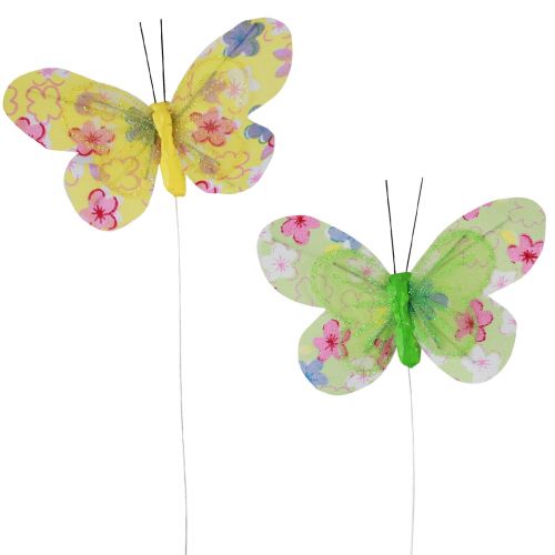 Decorative butterflies on wire yellow green flowers 6×9cm 12pcs