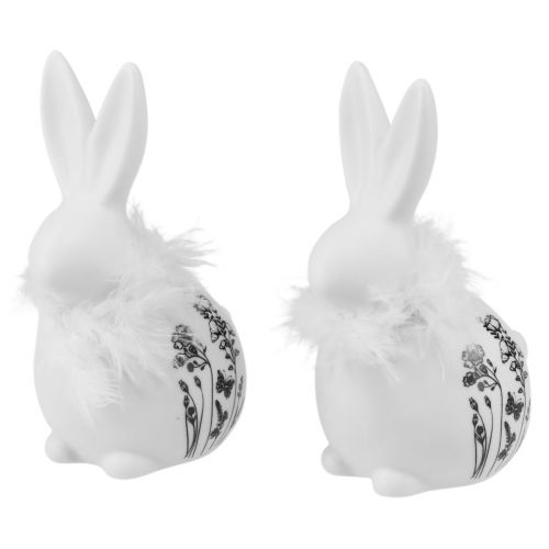 Ceramic Bunny White Sitting Flowers Feathers 9×7×14cm 2pcs