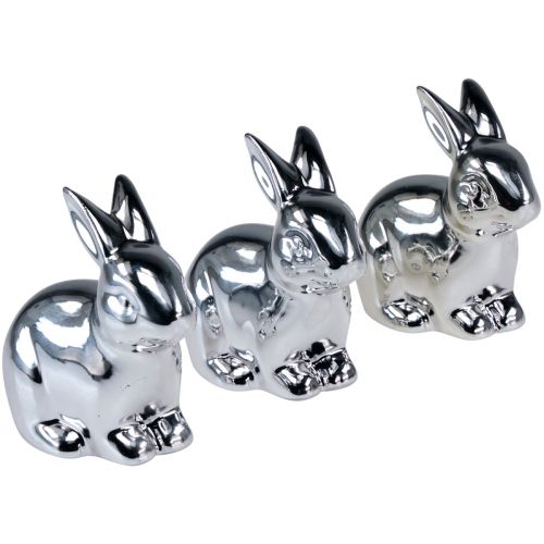 Rabbit Silver Sitting Ceramic Metal Look 8.5cm 3 Pcs