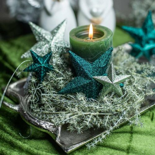 Floristik24 Glitter stars to hang emerald / petrol Ø21cm 2pcs