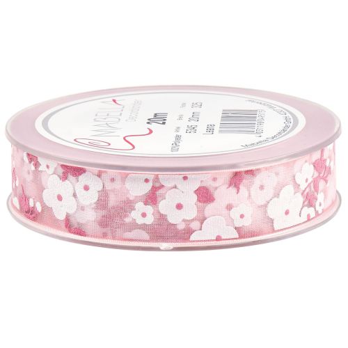 Product Organza ribbon pink with flowers gift ribbon 20mm 20m