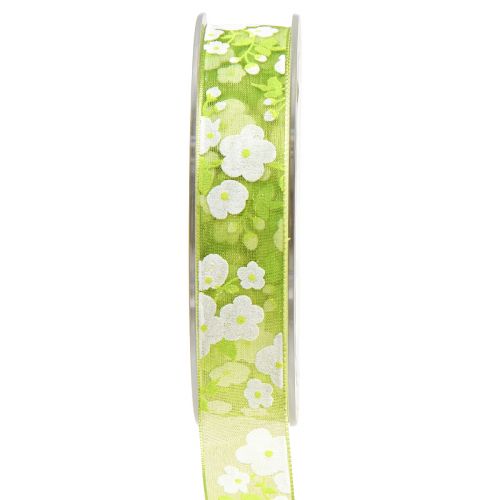 Spring ribbon with flowers gift ribbon green 20mm 20m