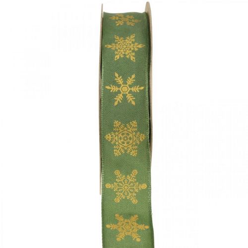 Floristik24 Ribbon Christmas snowflake green, yellow 25mm 15m