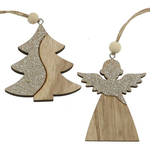 Floristik24 Pendant angel, natural fir tree with mica 8cm 6pcs