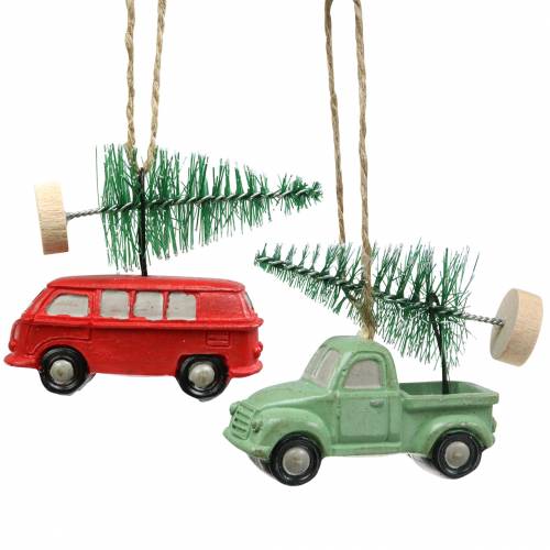 Floristik24 Christmas tree decorations car with fir red / green 2pcs
