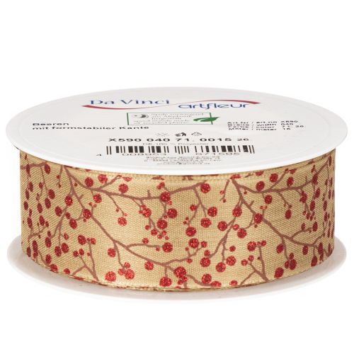 Decorative ribbon branches with red glitter berries, 40mm x 15m | Floristik24.ie