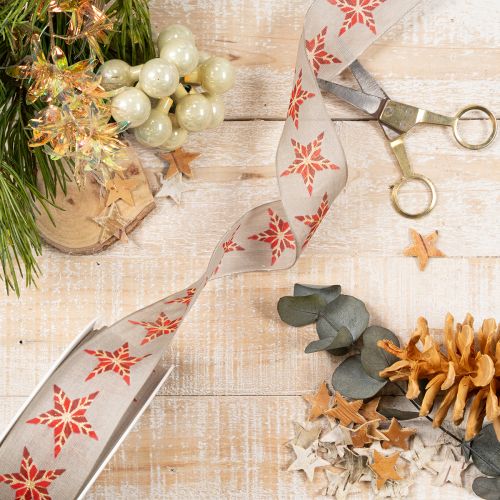 Decorative ribbon with red stars, 40mm wide, 15m long | Floristik24.ie