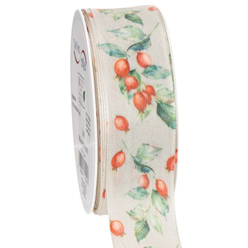 Gift ribbon, autumn design with rosehips and leaves, 40mm x 18m