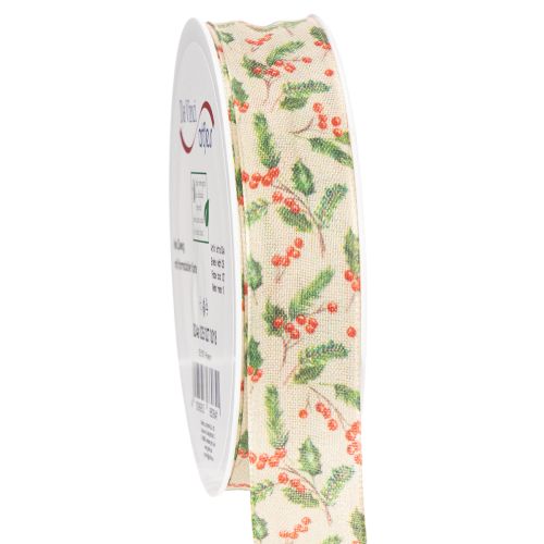 Decorative ribbon with holly and berries, dimensionally stable edge, 25mm, 18m buy online | Floristik24.ie