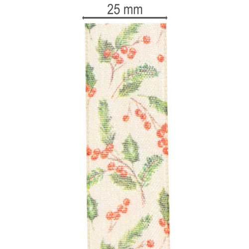 Decorative ribbon with holly and berries, dimensionally stable edge, 25mm, 18m | Floristik24.ie