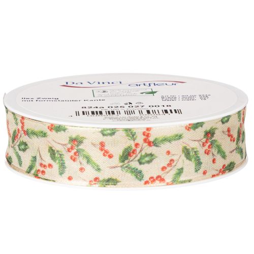 Decorative ribbon with holly and berries, dimensionally stable edge, 25mm, 18m | Floristik24.ie