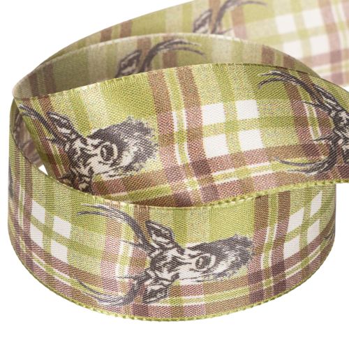 Decorative ribbon with deer head and checkered pattern, 40mm x 15m | Floristik24.ie