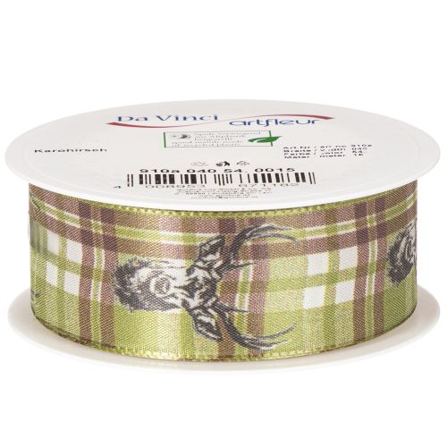 Decorative ribbon with deer head and checkered pattern, 40mm x 15m | Floristik24.ie