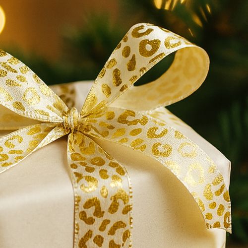 Product Ribbon Leopard Print Silk Ribbon Cream Gold 15mm 18m