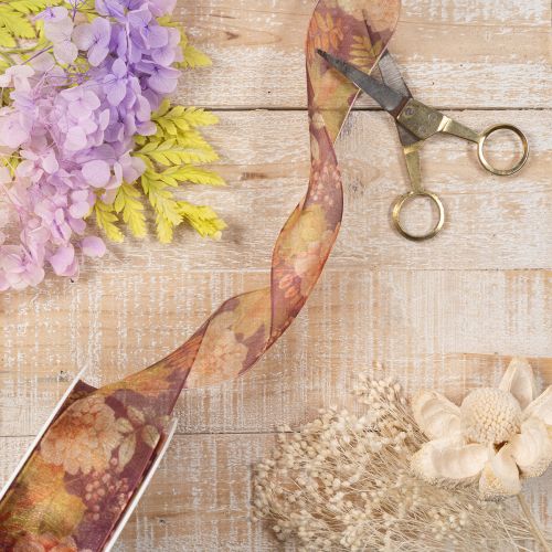 Gift ribbon in autumn colors, organza ribbon with floral pattern, 40mm, 15m | Floristik24.ie