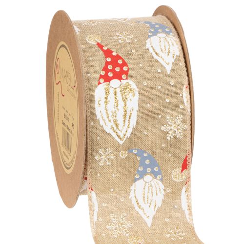Decorative ribbon with Christmas gnomes on jute ribbon, winter motif, 60mm x 10m
