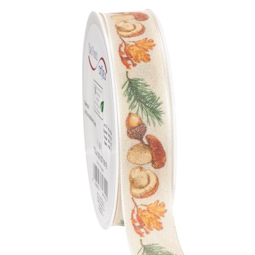 Decorative ribbon with mushroom and autumn leaf motif, 25mm wide, 18m long