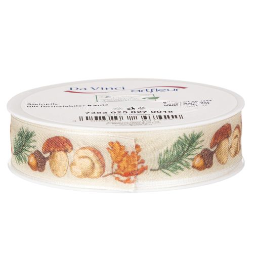 Decorative ribbon with mushroom and autumn leaf motif, 25mm wide, 18m long | Floristik24.ie
