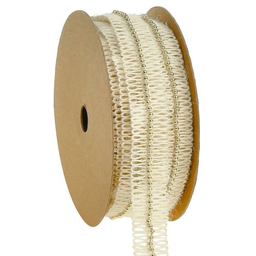 Jute ribbon with golden beads jute cream 17mm 10m