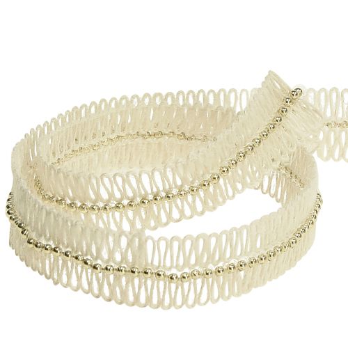 Product Jute ribbon with golden beads jute cream 17mm 10m