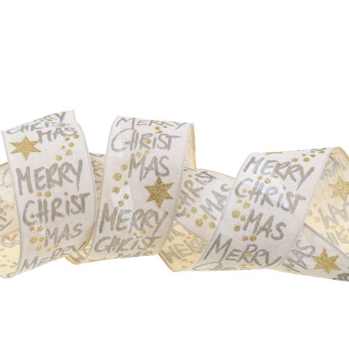 Product Ribbon &quot;Merry Christmas&quot; white, gold 40mm 20m