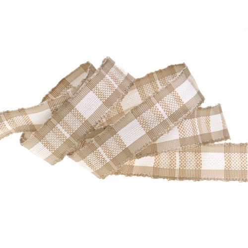 Floristik24 Deco ribbon check with wire edge beige 15mm L20m
