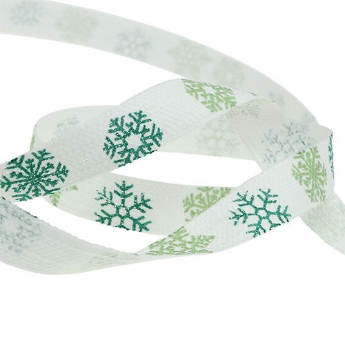 Floristik24 Decorative ribbon with snowflakes white, green 15mm 15m