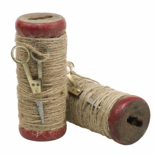 Thread spool with decorative scissors Ø6.5cm H15cm 2pcs vintage style