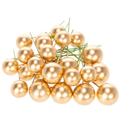Artificial golden berry balls on wire for festive arrangements, 2cm, 48 pieces | Floristik24.ie