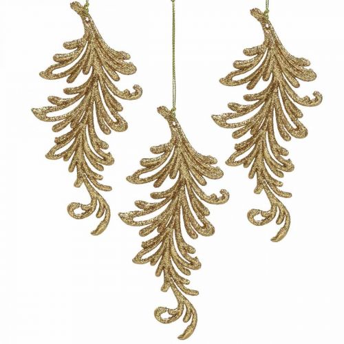 Product Tree pendant with glitter, decorative feathers to hang, Christmas decoration Golden L16cm 6pcs