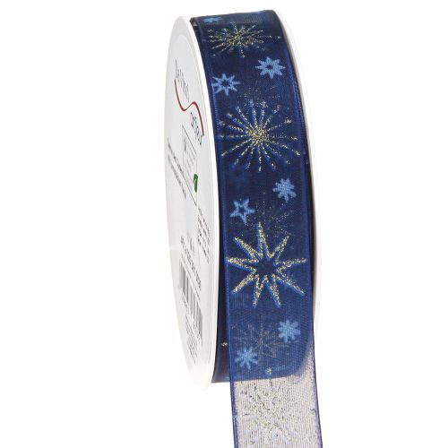 Product Blue Christmas ribbon with golden stars 25mm 20m