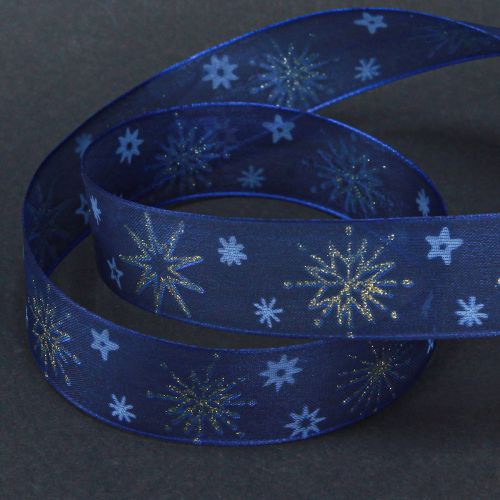 Product Blue Christmas ribbon with golden stars 25mm 20m