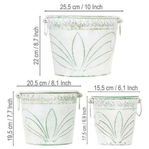 Product Embossed metal planter with handles, white and green, shabby chic style, H22/19.5/17.5cm, Ø25.5/20.5/15.5cm, set of 3