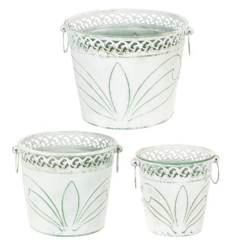 Product Embossed metal planter with handles, white and green, shabby chic style, H22/19.5/17.5cm, Ø25.5/20.5/15.5cm, set of 3