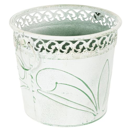 Product Embossed metal planter with handles, white and green, shabby chic style, H22/19.5/17.5cm, Ø25.5/20.5/15.5cm, set of 3